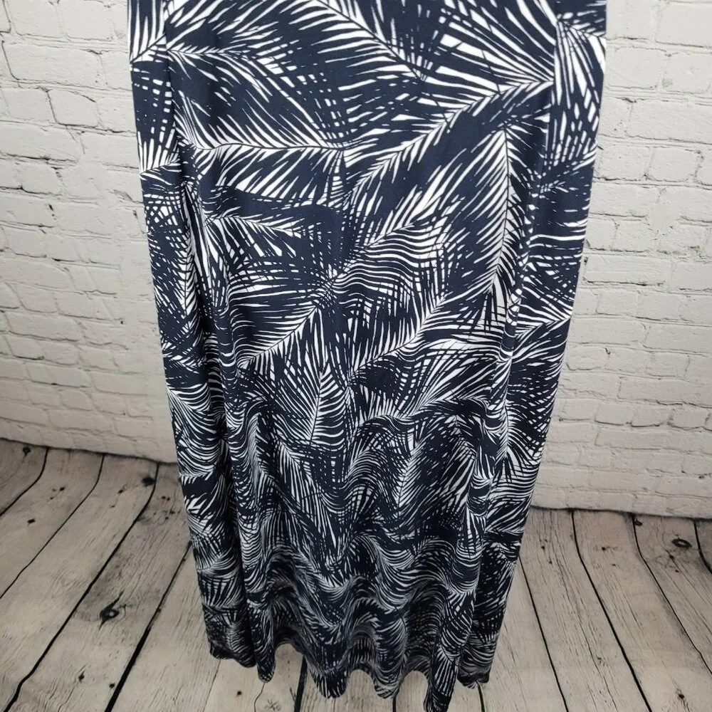 Michael Kors Navy & White Palm Leaf Front Slit Stretch Midi Dress Size Medium M